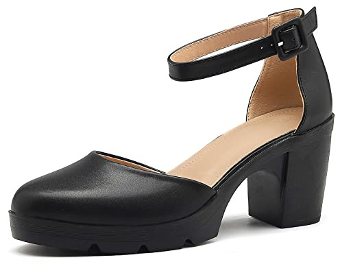 DADAWEN Femme Mary Jane Escarpins de Travail Confortables Bout Rond et Talons épais , Escarpins Bride Arrière Noir 40