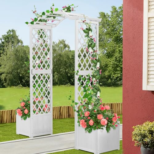 RELAX4LIFE Arco di Rose con Fioriere, Traliccio in Legno di Abete per Piante Rampicanti, Palloncini e Luci, Fioriera con Traliccio e Arco per Giardino, Matrimonio e Cerimonia (Modello 1)
