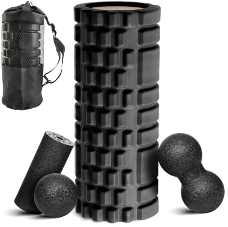 HOUSLUX Faszienrolle Blackroll Faszienrolle Wirbelsäule Faszienrolle Set, Faszienrolle 33x14cm, Rolle L15xD6cm, Faszienball D8cm und Duo-Ball D8cm (Schwarz)