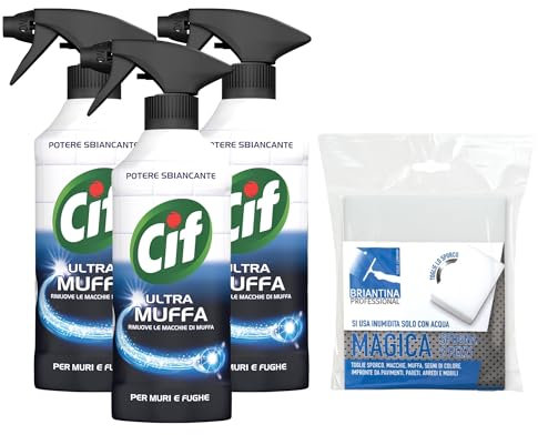 Set Pulizia: Ultra Muffa, Spray Antimuffa, Formato 500 ml, Spray Detergente + Panno In Lattice (3 Flaconi + 1 Panno Lattice) + OMAGGIO 100pz Guanti HDPE Monouso