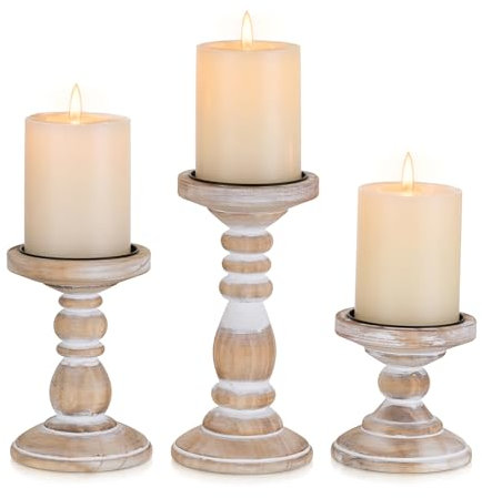 Inweder Portavelas de madera para velas de pilar: 3 portavelas rústicos blancos de madera envejecida para decoración del hogar, soporte para velas de pilar alto para chimenea, fiesta, evento