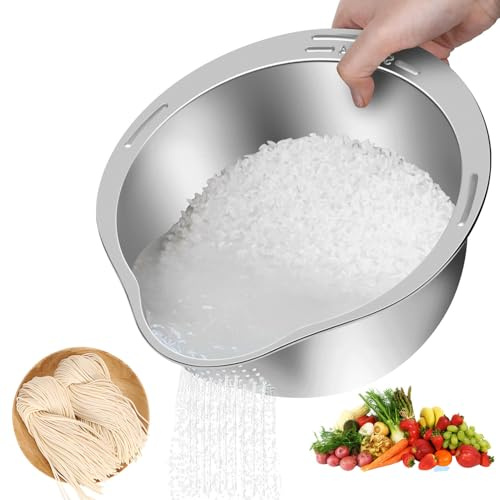 Bol À Laver Le Riz Avec Passoire, Égouttoir Rinçage Légumes Avec Filtre, Passoire À Riz En Acier Inoxydable, pour Nettoyer Les Fruits, Les Légumes Et Les Haricots, Outil de Cuisine Polyvalent (Argent)