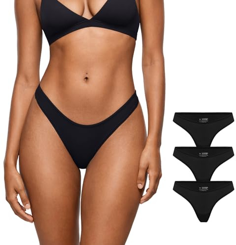 INLYRIC Women's Inbarely Soft Thong - No Show Sexy Panties Breathable V-waisted Ladies Underwear 3 Pack Black (3pack) Small