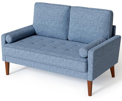 Meskanu Sofa 2 Sitzer, Modernes 2er Sofa mit 2 Wurfkissen, Kleine Stoffcouch mit Armlehne, Mini Sofa für Wohnzimmer/Wohnung/Büro, Einfache Montage, Blau, 121 x 77 x 87CM