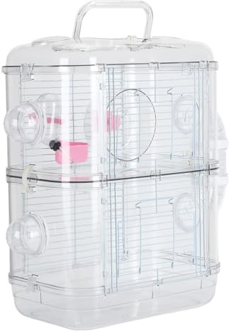 Double Layer Hamster Cage Portable Large 3-Floors Small Animal Enclosure with Tunnel Design, Front Door, Locking Buckles, Handle for Rodent Gerbil Mouse Mice Rat (Pink), for (2