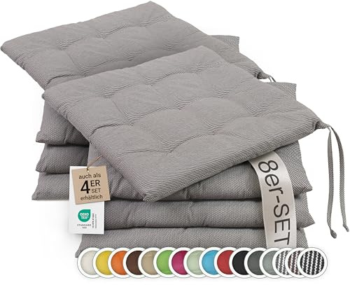 ZOLLNER 8er Set Sitzkissen in 40x40cm - gemütliche Stuhlkissen mit Bindebänder - waschbar bis 30°C - in braun-weiß-gestreift - Oeko Tex® Zertifiziert