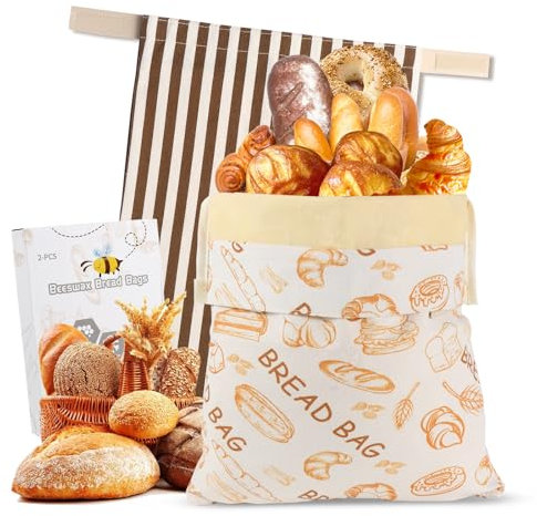 Beeswax bread bag homemade, Sourdough bag,2 Pack Reusable Cotton Linen Bees waxed Breads storage container for Loaf to Keep Fresh,bread basket Ideal for Sourdough, Fruits & Vegetables