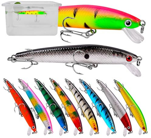JasCherry Kit de señuelos Pesca realistas, cebos con anzuelos y Ojos 3D, Juego de Accesorios, Plantillas Pesca para Agua Dulce y Salada, 10 Piezas