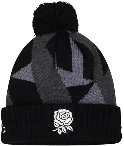 Official England Rugby Pom Pom Hat - Knitted, Fleece Lined Unisex Black & Grey Bobble Hat for Adults