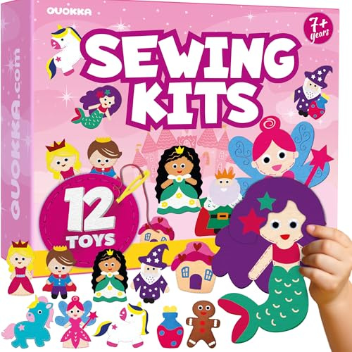 QUOKKA Kids Crafts Ages 7-8, DIY Beginner Needle and Thread Kit - 12 Fairy Tale Sewing Kit Basic - Fun Arts Crafts for Kids Ages 6-8 Girls Boys - Plastic Needles, Scissors - 7+ Year Old Girl Gifts