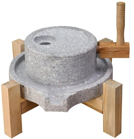 Nizodo Artisanal Natural Stone Grain Mill (Solid Wood Base) - Household Grinder for Wheat/Spices & Coffee Beans, Ideal for Breads & Tortillas (7.87x11.8 Inches)