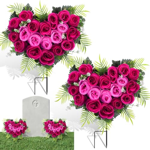 Luinabio 2 Sets Spring Easter Cemetery Flowers for Grave Memorial Day Grave Wreath with Ground Spike Artificial Silk Hot Pink Fuchsia Flower Bouquet for Outdoor Mother Father Headstone Graveside Decor