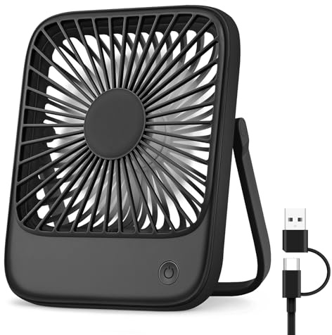 USB Desk Fan Small Desktop Table Fan Cooling 3 Speeds Silent Fans with 180° Tilt Folding, Powerful Hanging Adjustbale Mini Fans for Home Office Bedroom Car Camping, USB A/C Powered (No Battery)