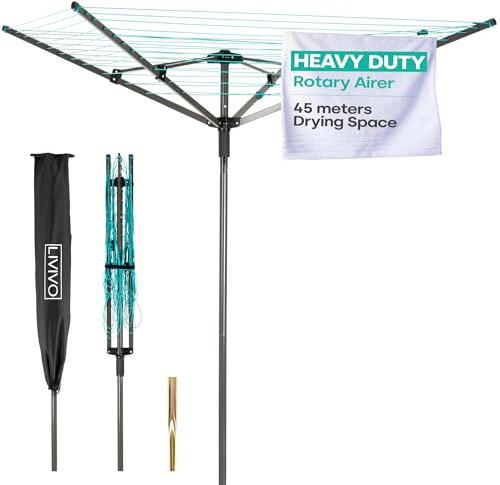 LIVIVO 4 Arm Rotary Washing Line - 45M Outdoor Clothes Line for Outside - Foldable Garden Rotary Outdoor Clothes Dryer Rotary Airer with Free Ground Washing Line Spike and Cover - Turquoise