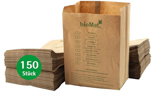 bioMat Sacchetti in Carta Compostabili da 10l per Umido, 150 Sacchetti di Carta Riciclata, Resistenti all'Umidità, Doppio Fondo