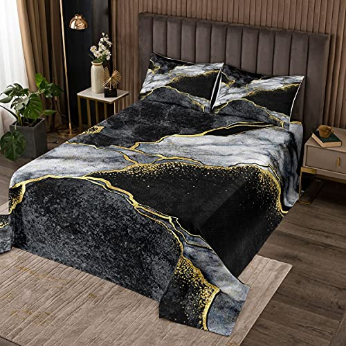 Homemissing Copriletto trapuntato in marmo nero e oro con linee incrinate dorate, set di trapunta con texture in marmo bianco e grigio, set moderno di lusso, trapuntato, 3 pezzi, matrimoniale