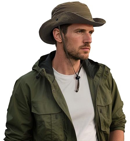 Clakllie Wasserdicht Sonnenhut Herren UV Schutz Sommer Safari Boonie Hat Faltbar Buschhut Fischerhut mit Kinnband Wide Brim Bucket Sun Hat,XT05-Brown
