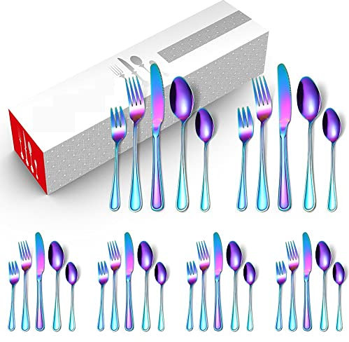Bestick Silverbestick Set om 30, rostfritt stål Guldfärgat bestick inklusive kniv/gaffel/sked, återanvändbar, spegelpolerad, diskmaskinssäker middagsservice (färg: 30st regnbåge) little surprise