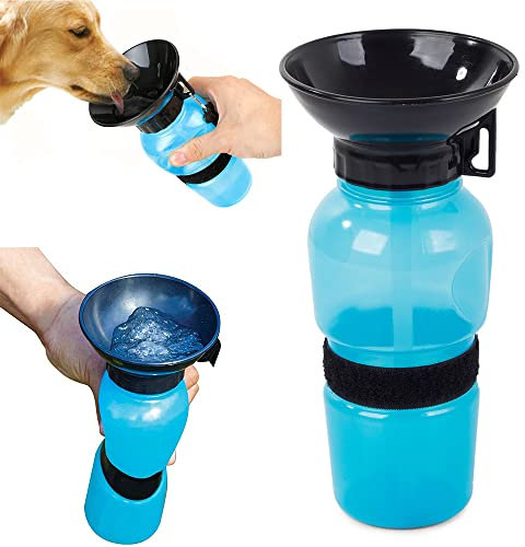 PARENCE - Bouteille d'eau pour Chien avec Bol intégré - Gourde d'eau de Voyage et Transport - Voiture, intérieur et extérieur - Bouteille pour Chien 0,5 L - Couleur aléatoire (Bleu, Rose, Kaki)