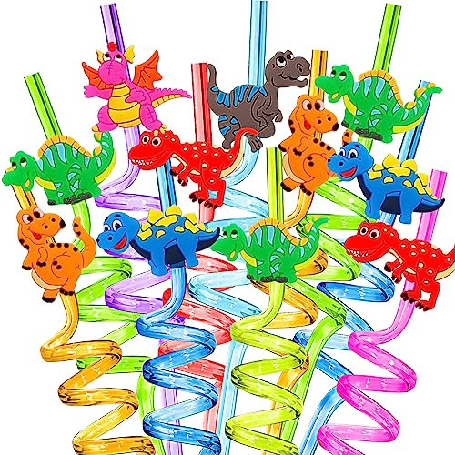 24 Stück Strohhalme Kinder,Neuheit Dinosaurier Strohhalm,Lockige Party Trinkhalme Kinder,Wiederverwendbare Strohhalme,Dinosaurier Trinkhalme für Kinder Geburtstagsfeier Dekorationen Partybedarf