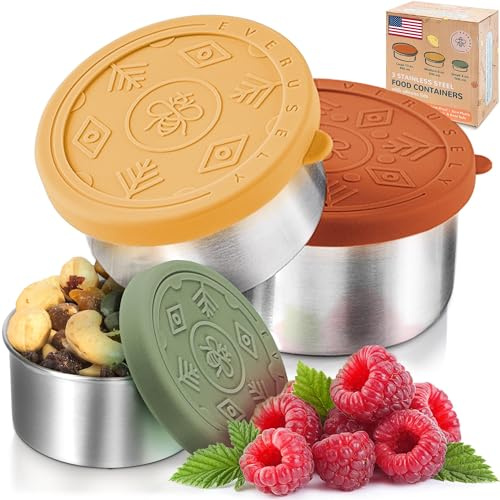 Everusely - Stainless Steel Snack Pots - 3 Pack, Muted - Leakproof Silicone Lids - Small Tiffin Boxes - Metal Dipping Tubs - Lunch Box Nesting Snack Containers - Dishwasher/Freezer Safe