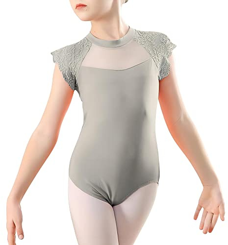 Happy Cherry Kinder Mädchen Balletttrikot Ballett Turnanzug Kurzarm Ballettanzug Baumwolle Tanzbody Grau 7-8 Jahre