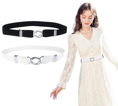 Qaziuy 2 Stück Stretchy Taillengürtel Damen,Schwarz Weiß Einfacher Kleidergürtel Damen Stretchy Skinny Taillengürtel Elastischer Gürtel für Jeanskleider