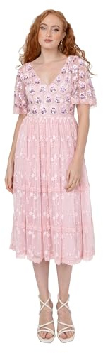 Maya Deluxe kvinnor midi klänning kort ängelärmar V-hals A-linje paljett embellished blommig tyll spets bröllop gäst bal balettrosa 50, Balett rosa, 50 SE