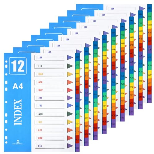 XHDA J-D Part A4 Dividers, 10 Pack Multi-Colour 11-Hole Index | PP Plastic Material, 11-Hole Punched, Writable Index Page, Multi-Colour Tabs, for 2, 3, 4 and 11 Ring Binders