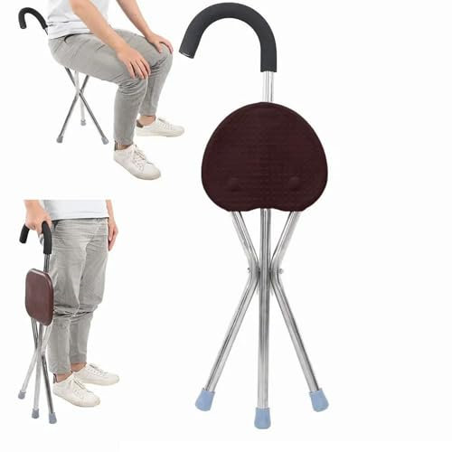 Gehstock mit Sitz, Gehstock zum Sitzen, Spazierstock mit Sitz Klappsitz, Gehstock mit 3 Beinen, Gehstock mit Stuhl, Höhenverstellbare Aluminium-Gehhilfe mit Sitz, 78-93 cm, max. Belastung 100 kg