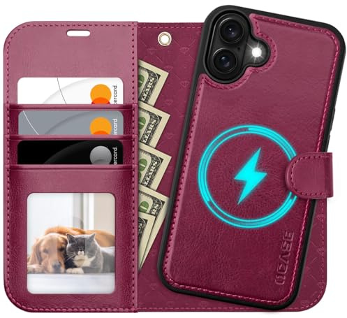 OCASE for iPhone 16 Case, Detachable 2 in 1 PU Leather Wallet Case with RFID Blocking, Wireless Charging, Card Holders, Kickstand, Shockproof Removable Phone Cover, Burgundy