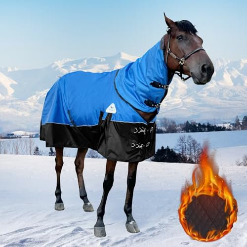 Turnout Blanket for Horses, Waterproof Thickened Horse Sheet with Detachable Neck Cover,1600D Nylon Outer, 400g Heavy Weight Filling, Blue (US 81IN(EU 155cm))