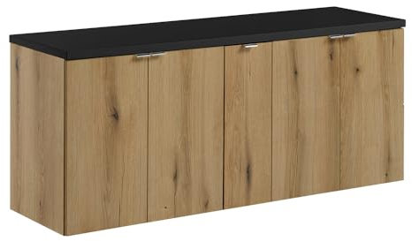 Lomadox Meuble de salle de bain double lavabo 140 cm, en chêne et noir, faible profondeur (40 cm)