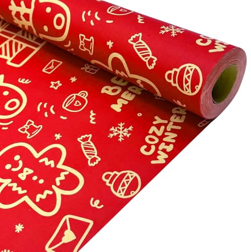 Rouleau de papier cadeau rouge de Noël, 43 cm x 15 m, papier kraft recyclable pour cadeaux de Noël, anniversaires et décorations cadeaux écologiques