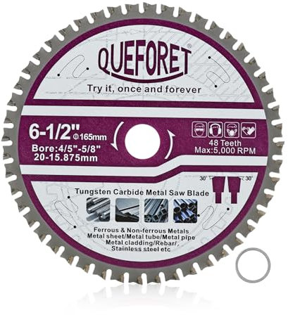 QUEFORET 165mm Hoja de Sierra Circular - Disco Corte Metal, 20mm Orificio con Arandela de 15,875mm para Hierro Acero Metal Chapa/Tubo/Barra, 48 Dientes