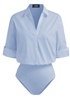 CIDER Womens Shirts Blouse Collar Roll Up Sleeve Shirt Bodysuit Long Sleeve Casual Work Blouse One-Piece Tops