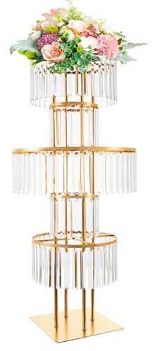 43.3 Tall Gold Flower Stand for Wedding Centerpieces – 5-Tier Clear Acrylic & Metal Centerpiece Stand with Crystal Style Design, 11.8 Base, Perfect for Wedding Tables, Floor Décor & Reception Events