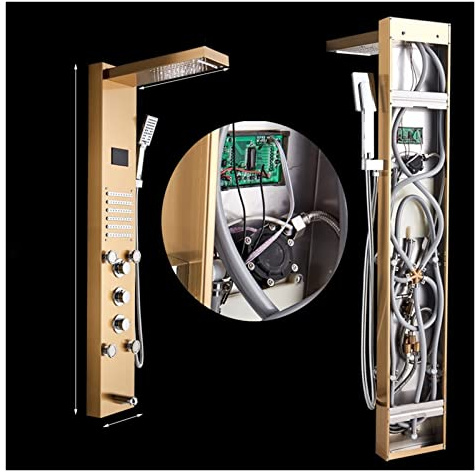 Douche à commande tactile, Panneau de douche doré lumière LED salle de bain bain colonne de douche tour écran numérique cascade pluie douche mélangeurs rotation Jets de Massage