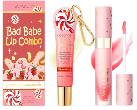2 Pcs Bad Babe Lip Combo Set – Strawberry Lip Conditioner & Stay Shining Lip Oil Kit, Moisturizing, Long-Lasting Shine, Nourishing Lip Care Duo (# Strawberry)