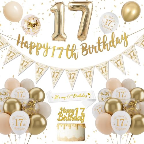 Födelsedagsdekoration 17 År, Guldvita 17 Födelsedagsballonger, Födelsedagsbanner, Födelsedagsnummer 17 Ballong för Födelsedagsdekoration Kvinna