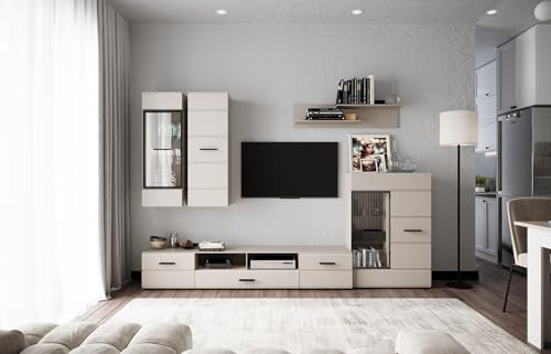 Homely® - Mueble de Salón Modular Italy | Conjunto 4 Muebles | Muebles Salón Completo | Mueble para Televisión + Mueble Bajo + Mueble Alto + Estantería Alta | Color Cashmere Beige Mate