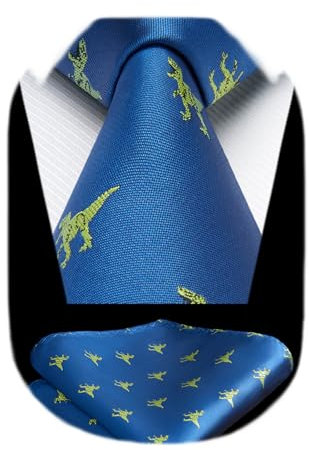 HISDERN Blau Krawatte für Herren Dinosaurier Hochzeit Taschentuch Business Klassisch Krawatte und Einstecktuch Set
