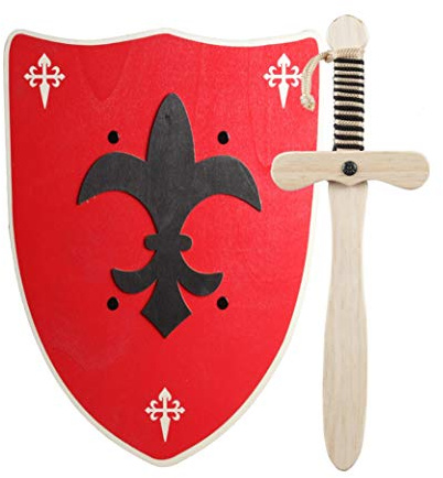 Espada y Escudo de Caballero de Madera Artesanales - Juguete para Niños y Niñas - Complemento para Juegos, Juegos Imitación, Disfraz, Medieval, Guerrero, Fiesta Temática, Edad Media (Escudo Rojo)