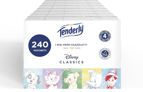 Tenderly Baby Disney Taschentücher, 240 weiche Taschentücher, die den Nasinis der Kleinsten gewidmet sind, geeignet für empfindliche Haut, 4 Schleier, hergestellt in Italien, dermatologisch getestet