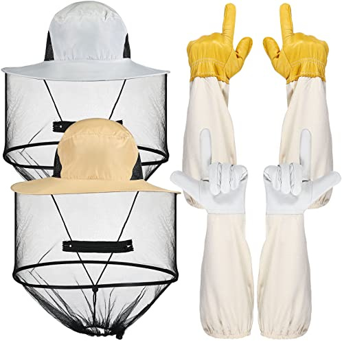 Newcotte Beekeeping Gloves Hats Set 2 Thick Goatskin Leather Bee Gloves with Ventilated Sleeves and 2 Pack Beekeeping Fencing Veil Mosquito Hats Netting Sun Head Net Hat with Hidden Net Mesh Mask
