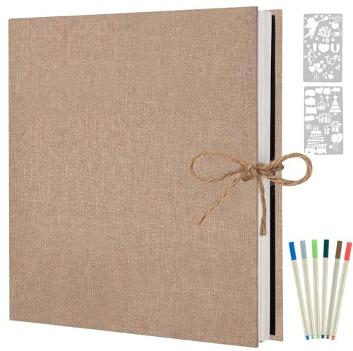 AIOR Album Fotos Autoadhesivo 60 Páginas Blanco, Lino DIY Scrapbooking Album Original para Aniversario de Boda de Oro Cumpleaños Navidad para Mujer Niña Regalos, 33x32cm (Beige)