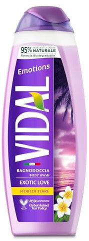 Vidal - Bagnoschiuma Emotions, Formula Rivitalizzante, Exotic Love, Fragranza ai Fiori di Tiaré, Dermatologicamente Testato, 500ml