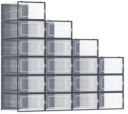 SONGMICS Schuhboxen, 18er Set, Schuh-Organizer aus Kunststoff, faltbar und stapelbar, für Schuhe bis Größe 44, transparent-anthrazitblau LSP18SB30