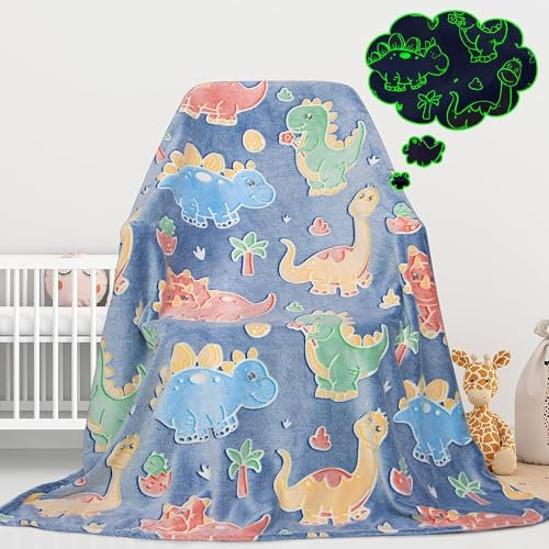 Söt barnfilt lyser i mörkret dinosaurie för pojkar flanell glödande säng soffa mjuka varma filtar jul födelsedagspresent tonåring 203 cm x 152 cm