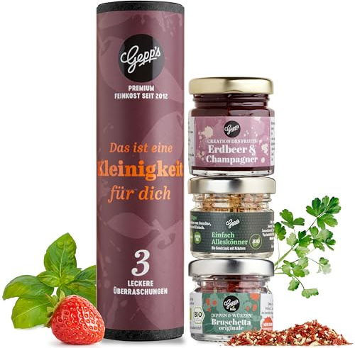 Gepp's Feinkost Geschenkset Eine Kleinigkeit I Gourmet Geschenkset Männer & Frauen mit Bruschetta Dip, Erdbeer-Champagner-Aufstrich I Kleines Probierset ohne künstliche Zusätze
